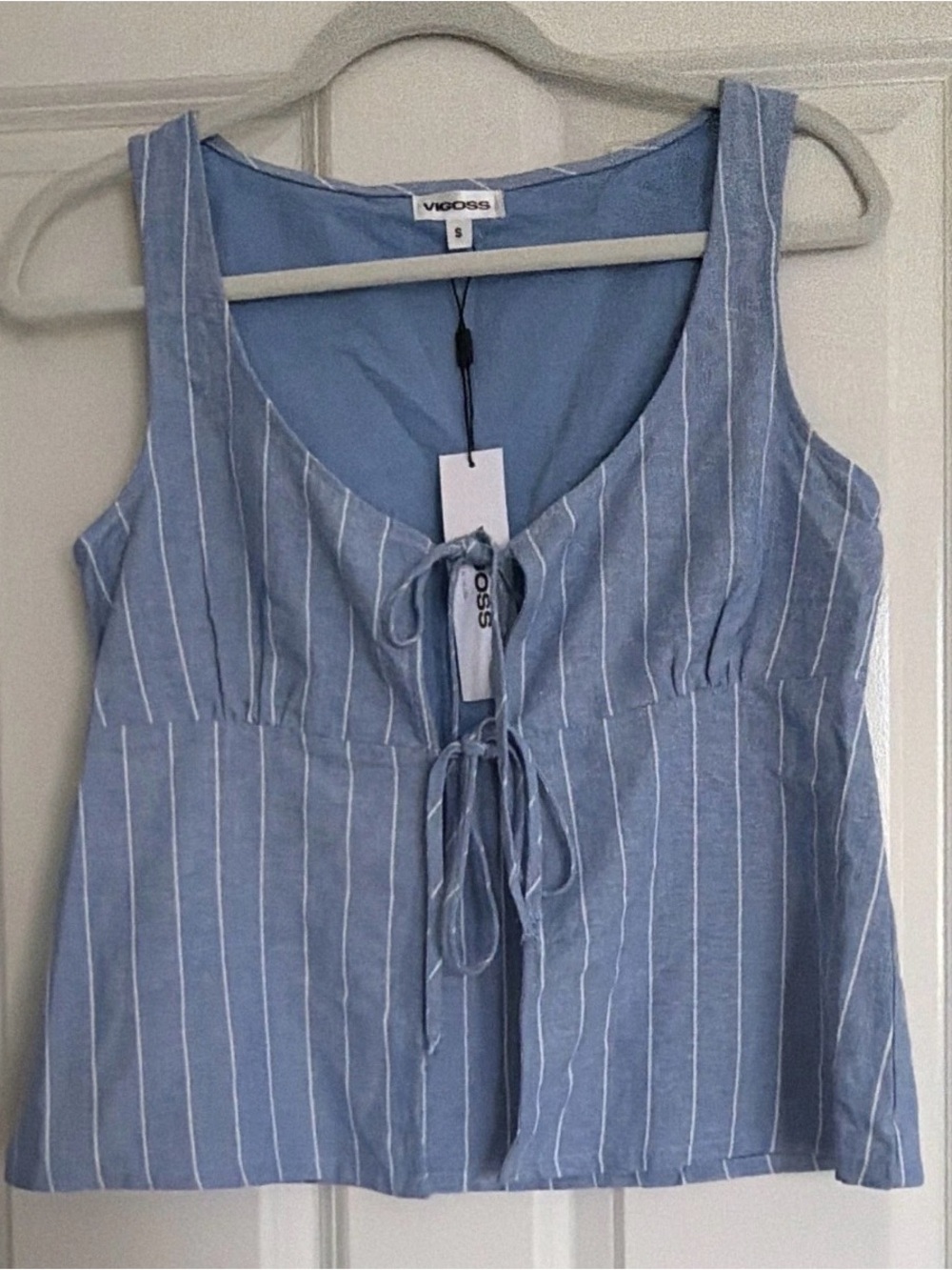 Vigoss Light Blue Pinstripe Tie-Front Tank Top